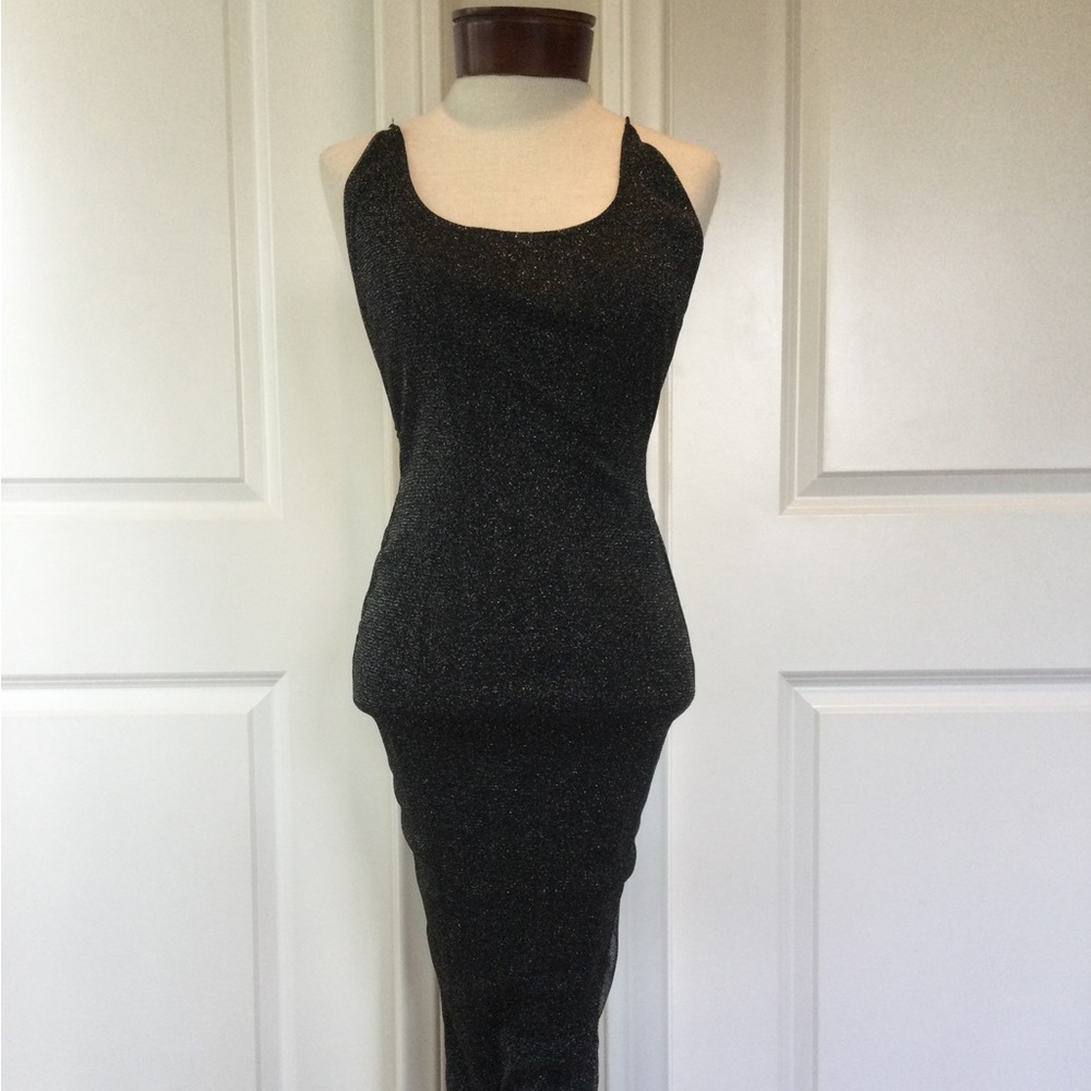 OH Polly - NWT Formal Black Metallic Shimmer Cross Back MIDI Dress, Size S/US 4